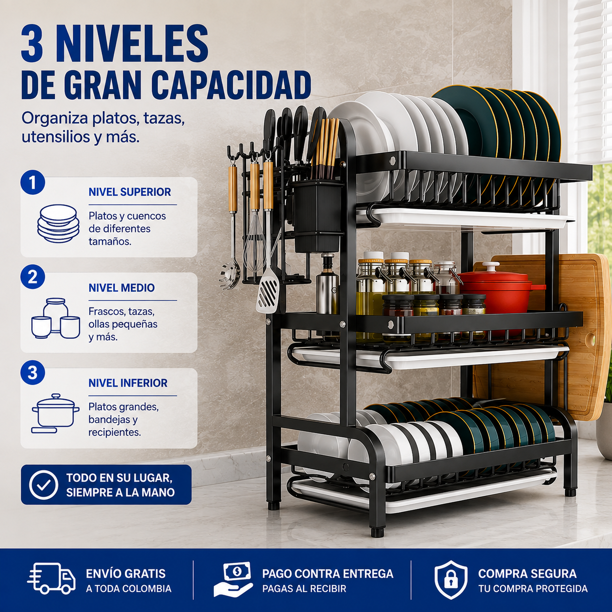 Escurridor de Platos de 3 Niveles – Mesón Seco y Platos Ordenados · Estante Grande
