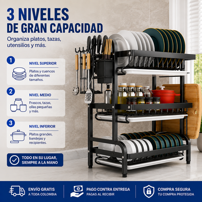 Escurridor de Platos de 3 Niveles – Mesón Seco y Platos Ordenados · Estante Grande