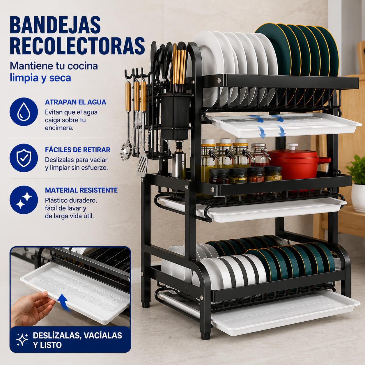 Escurridor de Platos de 3 Niveles – Mesón Seco y Platos Ordenados · Estante Grande