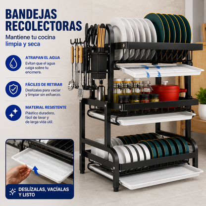 Escurridor de Platos de 3 Niveles – Mesón Seco y Platos Ordenados · Estante Grande