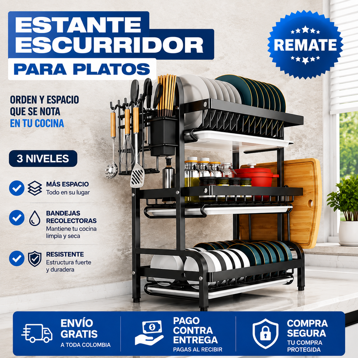 Escurridor de Platos de 3 Niveles – Mesón Seco y Platos Ordenados · Estante Grande
