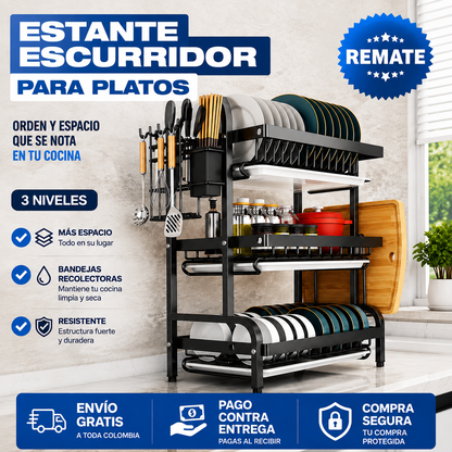 Escurridor de Platos de 3 Niveles – Mesón Seco y Platos Ordenados · Estante Grande