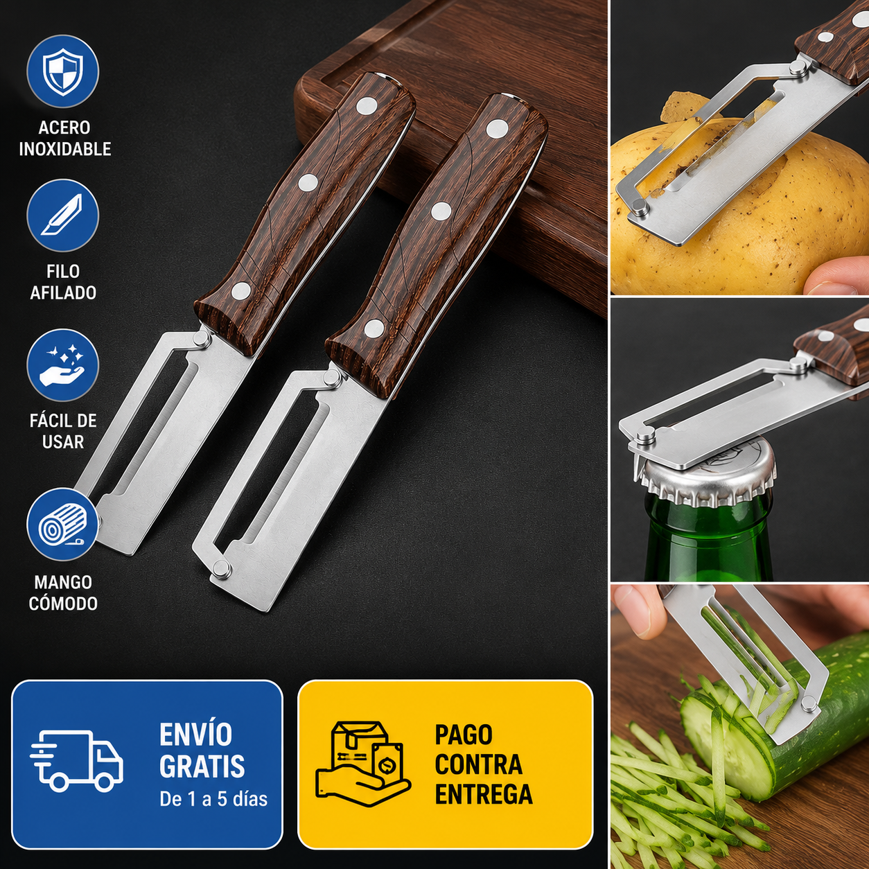 🎁 PAGA 1 LLEVA 3 Pelador y cortador en julianas con abre botella y mango madera