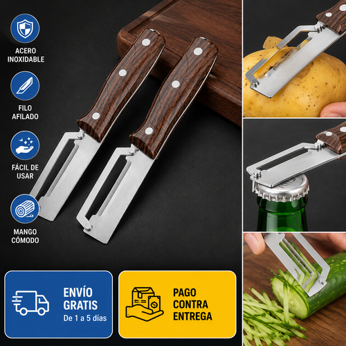 🎁 PAGA 1 LLEVA 3 Pelador y cortador en julianas con abre botella y mango madera